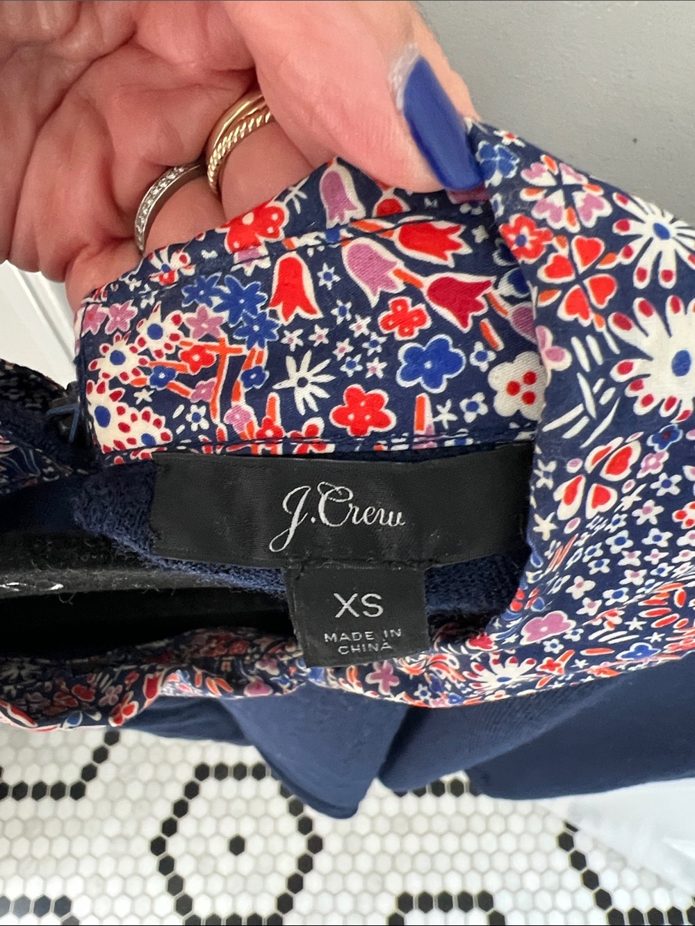 J. Crew Navy Crewneck Sweater with Floral Collar - Picture 2 of 4